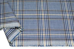 TESSUTO MISTO LANA LINO SCACCO AZZURRO RIGA BEIGE