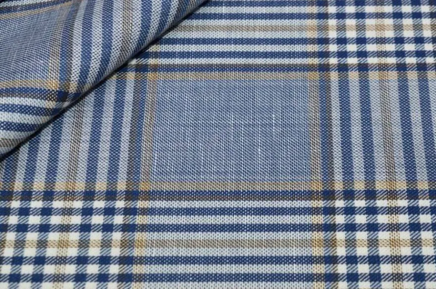 TESSUTO MISTO LANA LINO SCACCO AZZURRO RIGA BEIGE