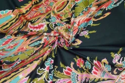 TESSUTO MUSSOLA PURO COTONE FANTASIA MULTICOLOR FONDO NERO