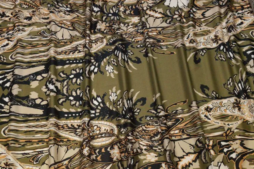 TESSUTO MUSSOLA PURO COTONE FANTASIA BEIGE FONDO VERDE