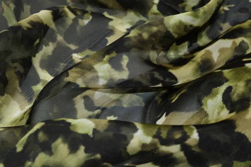 TESSUTO ORGANZA PURA SETA FANTASIA CAMOUFLAGE VERDE