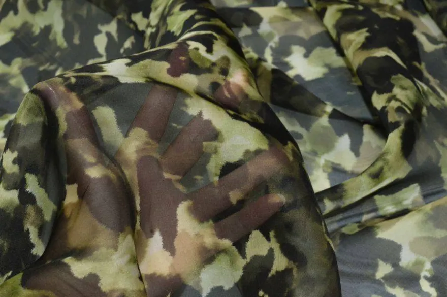 TESSUTO ORGANZA PURA SETA FANTASIA CAMOUFLAGE VERDE