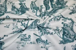 TESSUTO PANAMA PURO COTONE TOILE DE JOUY BLU DISEGNO GRANDE
