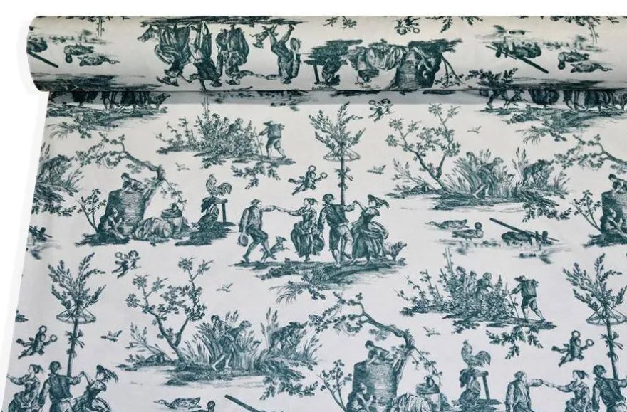 TESSUTO PANAMA PURO COTONE TOILE DE JOUY BLU DISEGNO GRANDE