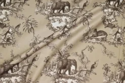 TESSUTO PANAMA PURO COTONE TOILE DE JOUY BEIGE DISEGNO GIUNGLA