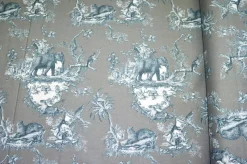 TESSUTO PANAMA PURO COTONE TOILE DE JOUY GRIGIO DISEGNO GIUNGLA