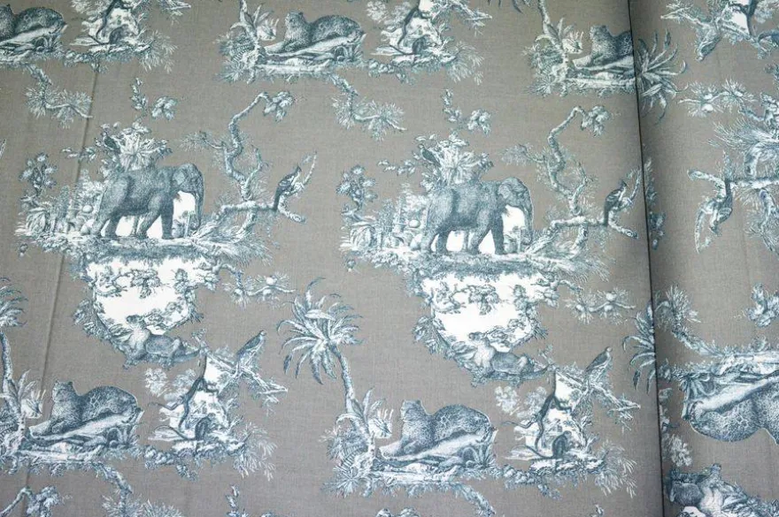 TESSUTO PANAMA PURO COTONE TOILE DE JOUY GRIGIO DISEGNO GIUNGLA