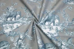 TESSUTO PANAMA PURO COTONE TOILE DE JOUY GRIGIO DISEGNO GIUNGLA