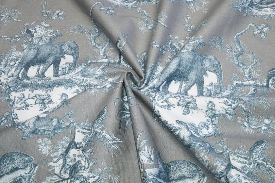 TESSUTO PANAMA PURO COTONE TOILE DE JOUY GRIGIO DISEGNO GIUNGLA