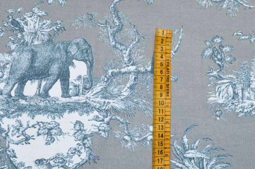 TESSUTO PANAMA PURO COTONE TOILE DE JOUY GRIGIO DISEGNO GIUNGLA