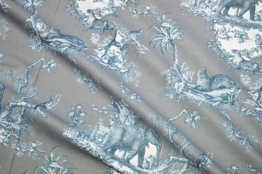 TESSUTO PANAMA PURO COTONE TOILE DE JOUY GRIGIO DISEGNO GIUNGLA