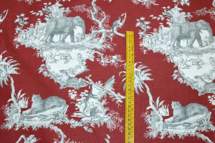TESSUTO PANAMA PURO COTONE TOILE DE JOUY ROSSO DISEGNO GIUNGLA