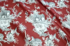 TESSUTO PANAMA PURO COTONE TOILE DE JOUY ROSSO DISEGNO GIUNGLA