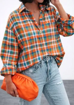 TESSUTO PURO COTONE CAMICERIA SCACCO ARANCIO