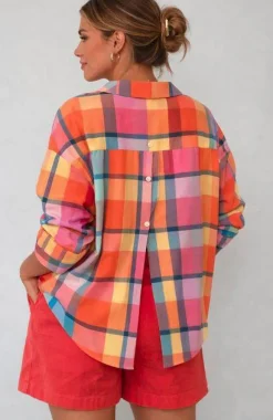 TESSUTO PURO COTONE CAMICERIA SCACCO ARANCIO ROSA