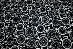 TESSUTO PURO COTONE FANTASIA CLOCKS NERO
