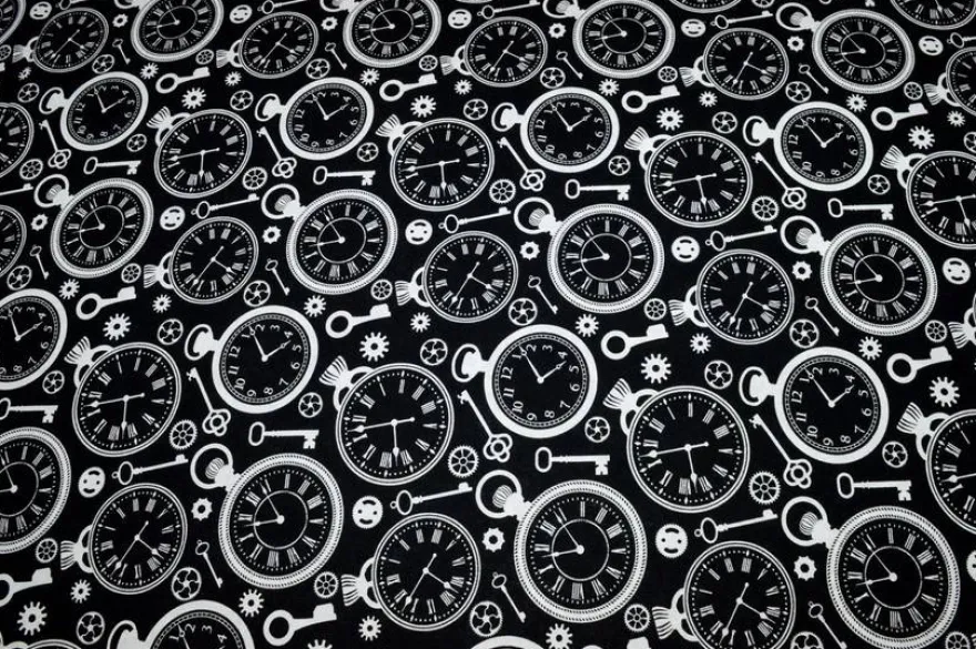 TESSUTO PURO COTONE FANTASIA CLOCKS NERO