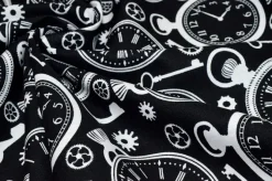 TESSUTO PURO COTONE FANTASIA CLOCKS NERO