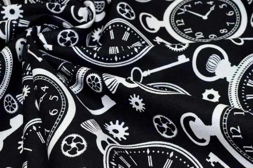 TESSUTO PURO COTONE FANTASIA CLOCKS NERO