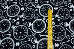 TESSUTO PURO COTONE FANTASIA CLOCKS NERO