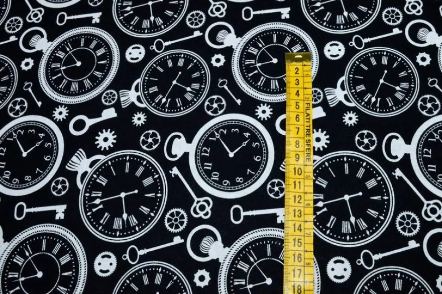 TESSUTO PURO COTONE FANTASIA CLOCKS NERO