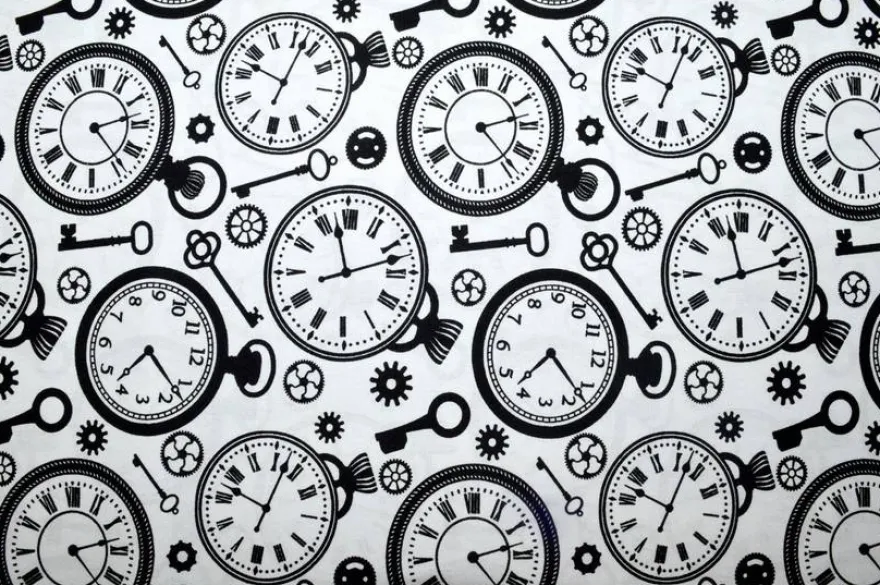 TESSUTO PURO COTONE FANTASIA CLOCKS BIANCA