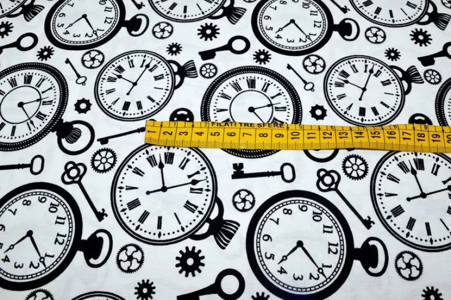 TESSUTO PURO COTONE FANTASIA CLOCKS BIANCA