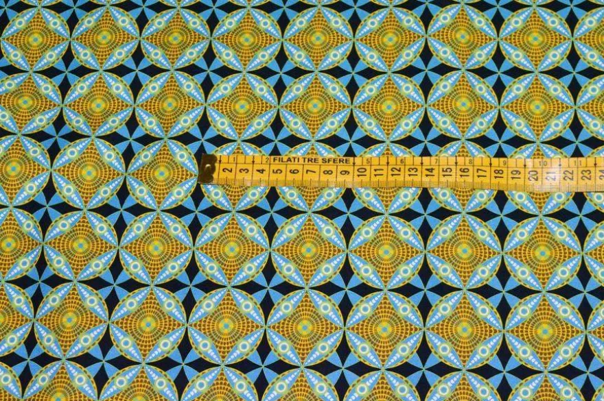 TESSUTO PURO COTONE STAMPA ETNICA BLU