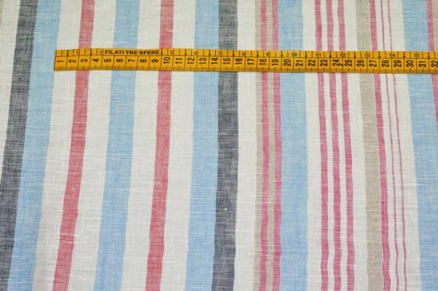 TESSUTO PURO LINO FANTASIA RIGATA ROSSA BLU