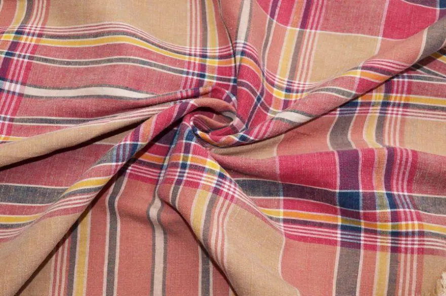 TESSUTO PURO LINO FANTASIA SCOZZESE COLORI CALDI