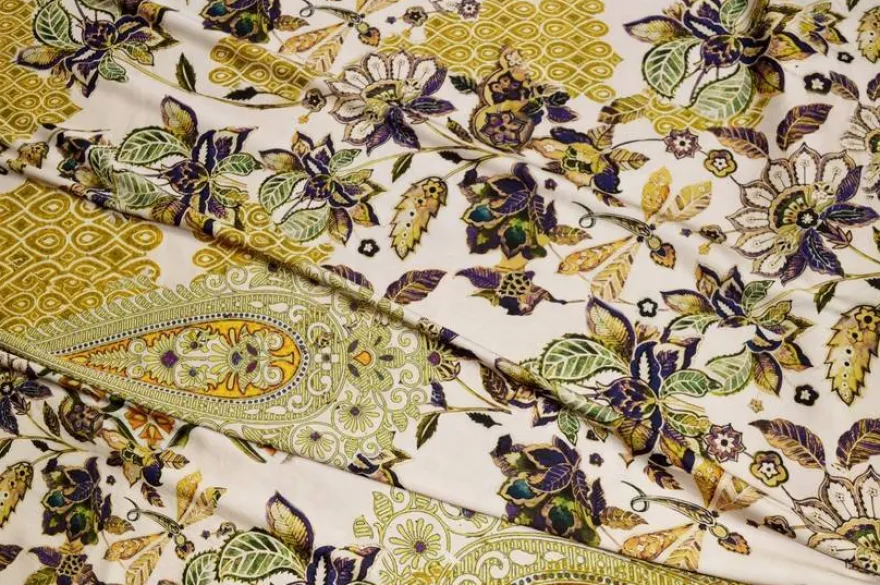TESSUTO RASATELLO STREATCH FANTASIA FLOREALE VERDE VIOLA