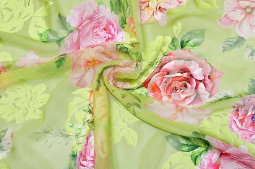 TESSUTO SATIN DEVOREH MISTO SETA FLOREALE VERDE