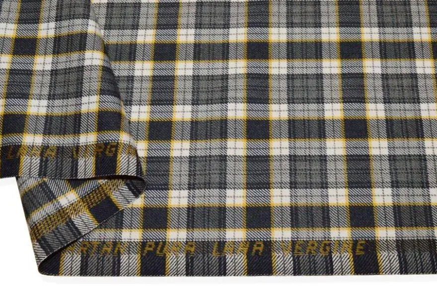 TESSUTO TARTAN PURA LANA GRIGIO RIGA GIALLA