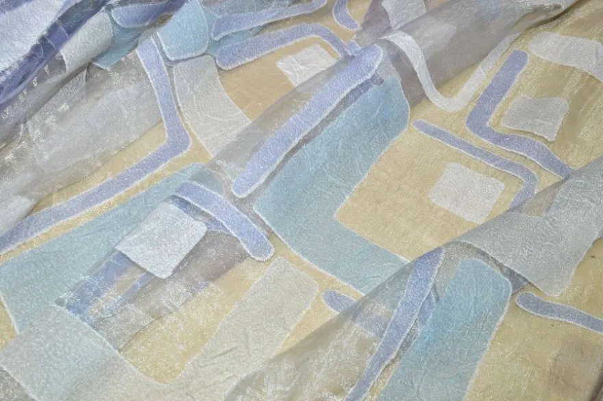 TESSUTO TENDA ORGANZA DEVOREH FANTASIA GEOMETRICA AZZURRA