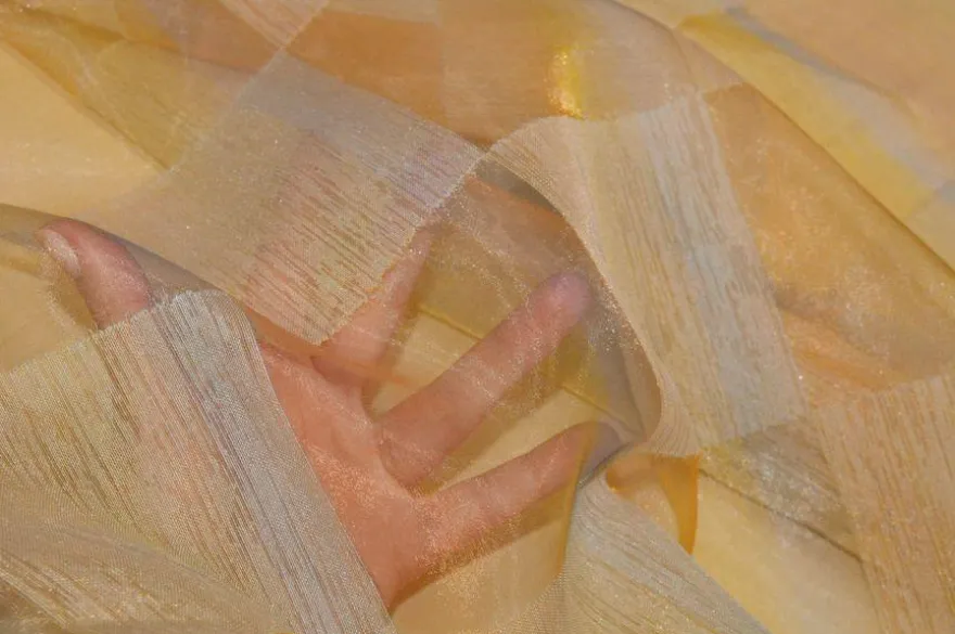 TESSUTO TENDA ORGANZA SCACCO ARANCIO CANGIANTE AZZURRO