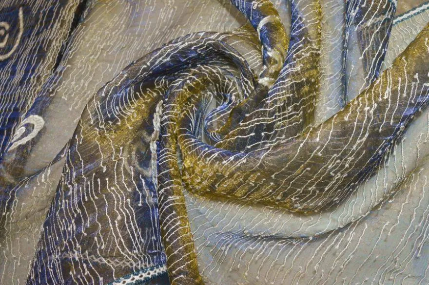 TESSUTO TENDINO ORGANZA CANGIANTE ORO BLU
