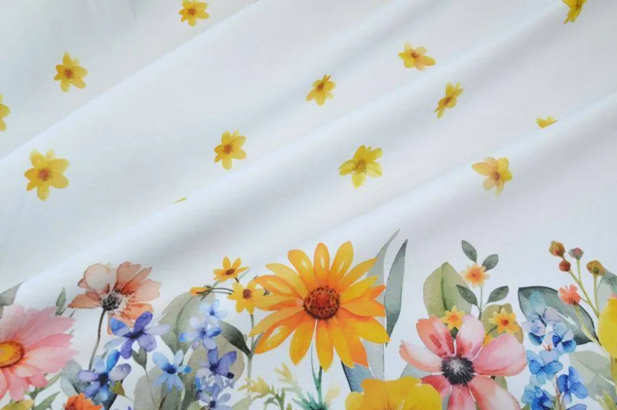 TESSUTO TOVAGLIA PURO COTONE DISEGNO FIORI MULTICOLOR