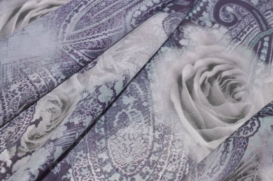 TESSUTO VOILE MISTO SETA DISEGNO CASHMERE VIOLA