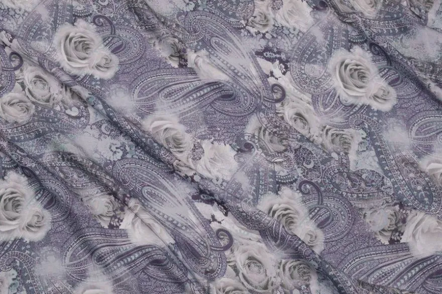 TESSUTO VOILE MISTO SETA DISEGNO CASHMERE VIOLA